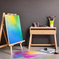 A creative artists workspace with colorful paint splatters, an adjustable easel, and inspiring wall art3, Generative AI