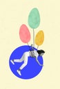 Creative artwork banner poster collage of funky young lady tangled roped flying up on balloon easter eggs decor