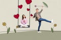 Creative artwork collage of bonding couple funny boyfriend catch children swing and gives girlfriend flower isolated on