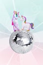 Creative Artwork Collage Of Excited Cute Lady In Kigurumi Nightwear Daydreaming Dancing Huge Disco Ball With Unicorn