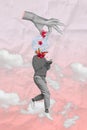 Creative artwork collage illustration of headless absurd surreal woman chatting dreaming boyfriend on pink