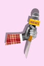 Creative artwork collage of news reportage interviewer holding microphone knife dangerous information isolated on pink