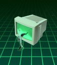 Creative artwork. Contemprary art collage of man getting in retro computer sreen isolated over green background in neon