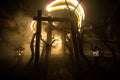 Creative artwork decoration. Abstract Japanese style wooden tunnel at night. Selective focus Royalty Free Stock Photo