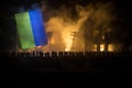 Creative artwork decoration war on Ukraine. Crowd looking on giant explosion and attacking soldiers