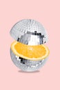 Creative artwork design collage poster fresh natural organic drink healthy beverage absurd disco ball lemon fruit