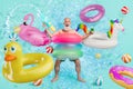 Creative artwork poster banner collage of summer recreation vibe concept with funky grandfather play swim on pool water