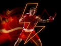 Creative artwork of prfessional male boxer in motion over neon geometric element isolated over black background. Mixed