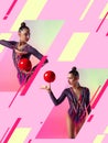 Creative artwork of professional rhythmic gymnast training over multicolored pink background