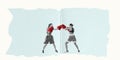 Creative artwork in retro style. Punch. Dynamic portrait of two female professional boxers boxing