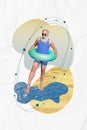 Creative artwork sketch collage image of happy elderly man pensioner leg touch water diving pool have fun isolated