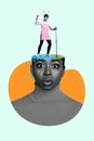 Creative artwork surreal collage of little guy washing brain head woman brilliant idea knowledge concept