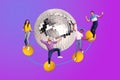 Creative artwork template of people crowd youth grandfather enjoy loud disco ball move isolated cosmic color background