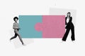 Creative artwork template sketch image 3D collage of two young lady teamwork walk hold puzzle piece mind challenge Royalty Free Stock Photo