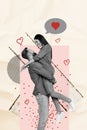 Creative artwork vertical collage happy lovers couple man rising girlfriend smiling look each other adore woman Royalty Free Stock Photo