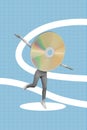 Creative artwork vintage collage of funky freak person with cd compact disk body run fast have fun watch listen video