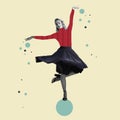 Creative artwork. Young female dancer in colored retro style clothes stands on painted blue ball Royalty Free Stock Photo