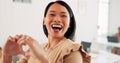 Creative asian woman, smile and peace signs walking into the office for happy, excited or positive vibes. Employee