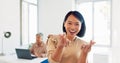 Creative asian woman, smile and peace signs walking into the office for happy, excited or positive vibes. Employee