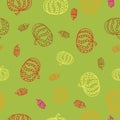 Creative autumn seamless pattern. Pumpkins and oak cones. Hand Drawn textures.