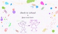 Creative Back to School banner template with hand drawn doodle boy and girl isolated on abstract background with grid paper patter