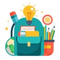 Creative back to school backpack with lightbulb icon, pencils, and book. Royalty Free Stock Photo