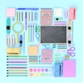 Creative back to school concept on pastel blue background. All school supplies for students. Pencils, notebooks, ruler, books,