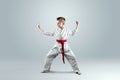 Creative background a child in a white kimono in a fighting stance, on a light background The concept of martial arts Royalty Free Stock Photo