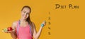 Diet Plan List Background With Sporty Young Woman Holding Dumbbell And Fruits