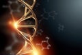 Creative background, dna structure, golden DNA molecule on gray background, ultraviolet. 3d render, 3d illustration. The concept