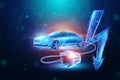 Creative background, Electric car with charging wire, hologram, electricity sign. The concept of electromobility e-motion,