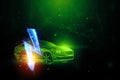 Creative background, Electric car hologram, electricity sign. The concept of electromobility e-motion, charging for the car,