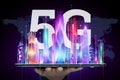 Creative background, 5G Smartphone and hologram smart city, big data transmission technology concept, 5G network, high speed Royalty Free Stock Photo