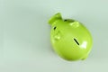 Creative background, green pig money box on gray background top view, flat lay. The concept of saving money, savings, pig piggy, Royalty Free Stock Photo