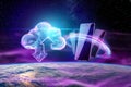 Creative background, image of a hologram of a cloud on the background of the globe. The concept of cloud technology Royalty Free Stock Photo