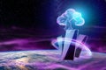 Creative background, image of a hologram of a cloud on the background of the globe. The concept of cloud technology Royalty Free Stock Photo