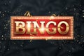 Creative background, the inscription bingo in gold letters on a dark background. Concept win, casino, idea, luck, lotto. 3D Royalty Free Stock Photo