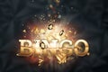 Creative background, the inscription bingo in gold letters on a dark background. Concept win, casino, idea, luck, lotto. 3D Royalty Free Stock Photo