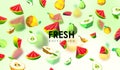 Creative background with low poly fruit. Illustration with polygonal pear and watermelon.