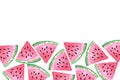 Creative background made of hand drrawn watercolor sliced juicy watermelon with copy space.