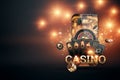 Creative background, online casino, smartphone with playing cards roulette and chips, black gold background. Internet gambling Royalty Free Stock Photo