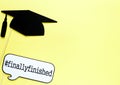 Creative background with photobooth props for graduation: hats, diploma, glasses, lips on bright yellow paper background.