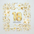 Creative background, 18th anniversary, adulthood. Celebration of golden text and confetti on a light background with numbers,