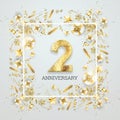 Creative background, 2th anniversary. Celebration of golden text and confetti on a light background with numbers, frame. Royalty Free Stock Photo