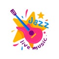 Creative badge for jazz club. Live music. Emblem with orange star and pink guitar. Musical instrument. Flat vector