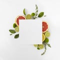 Creative banner with citrus fruits, plants, leaves and flowers