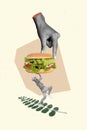 Creative banner collage of funky strong little young guy hold carry huge hamburger feel hungry isolated drawing
