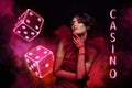 Creative banner collage standing young charming woman promo casino game dice jackpot winner money neon