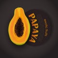 Creative banner with half papaya. Exotic fruits in realistic vector style.