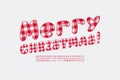 Creative banner Merry Christmas with red-white plaid ornament letters on white background. Modern Christmas font set